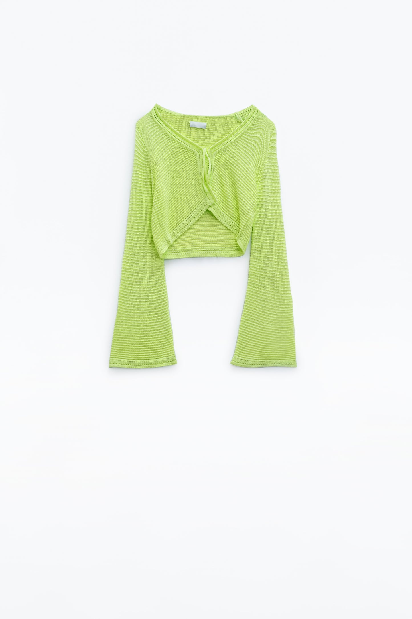Cardigan tricoté à manches longues et à clochettes en vert lime avec détails de nœuds