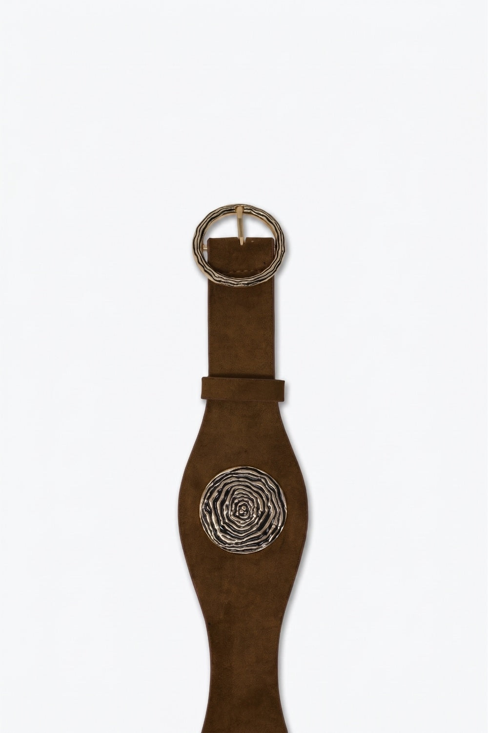 Ceinture large en daim marron avec boucle dorée en spirale