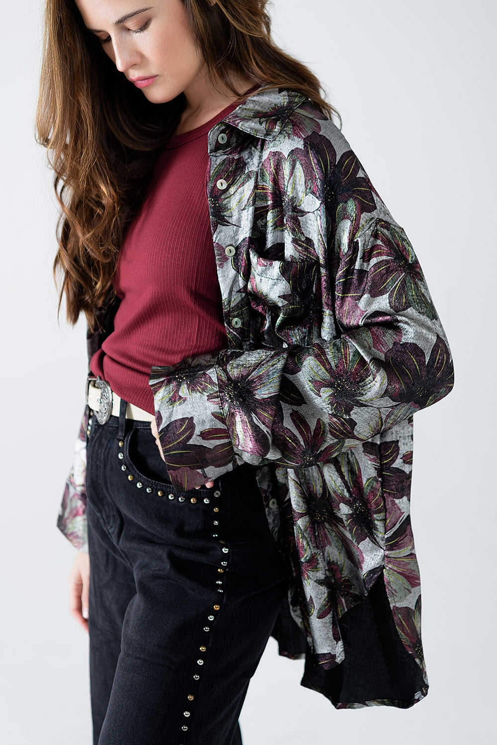 Chemise à imprimé floral à effet métallique