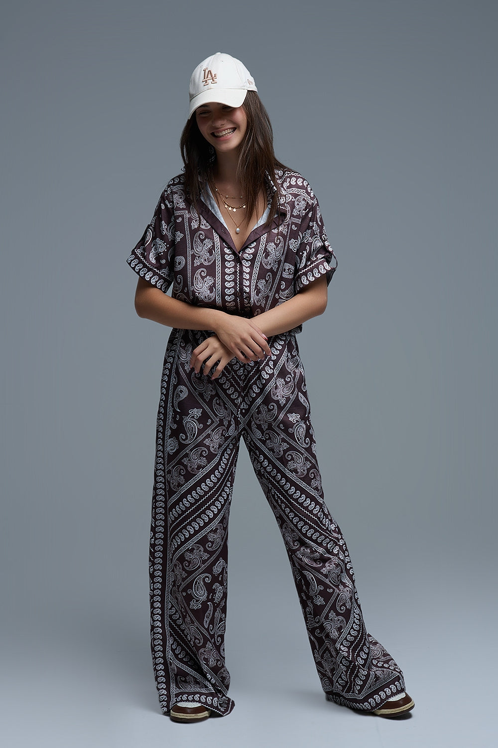 Chemise à manches courtes imprimée Paisley marron