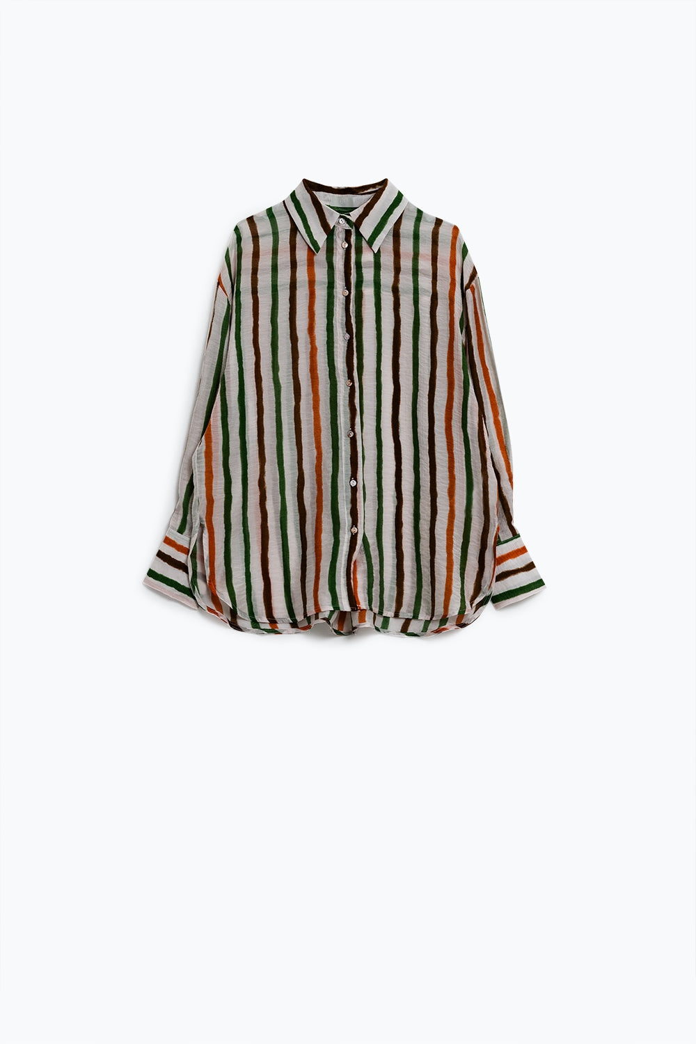chemise à manches longues en mousseline de soie à rayures multicouleures vertes et brunes