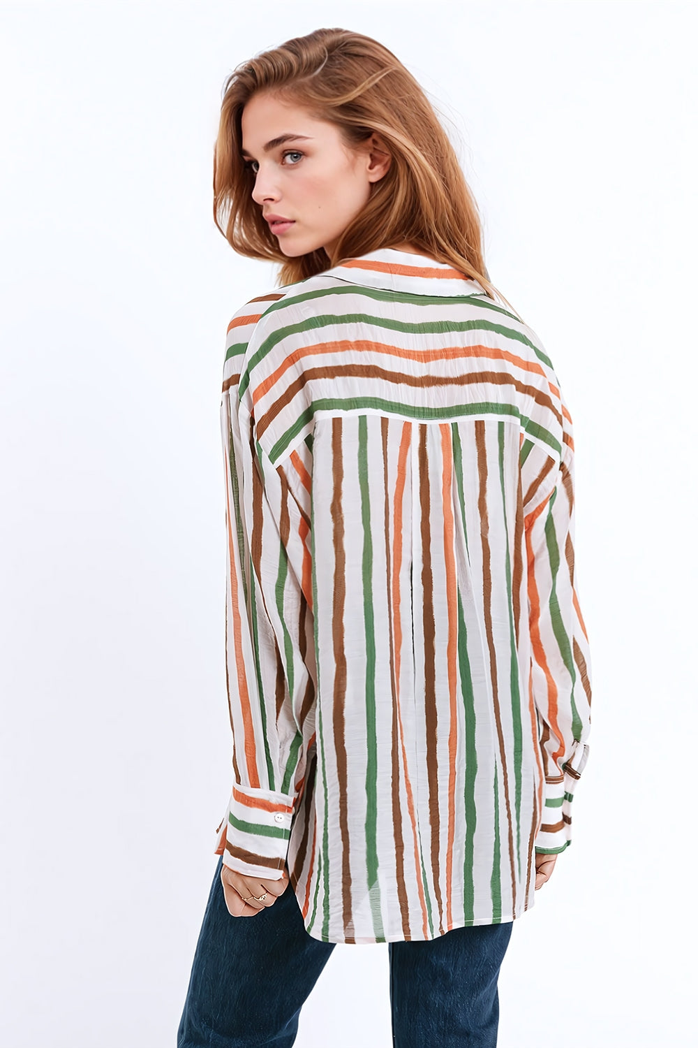 chemise à manches longues en mousseline de soie à rayures multicouleures vertes et brunes