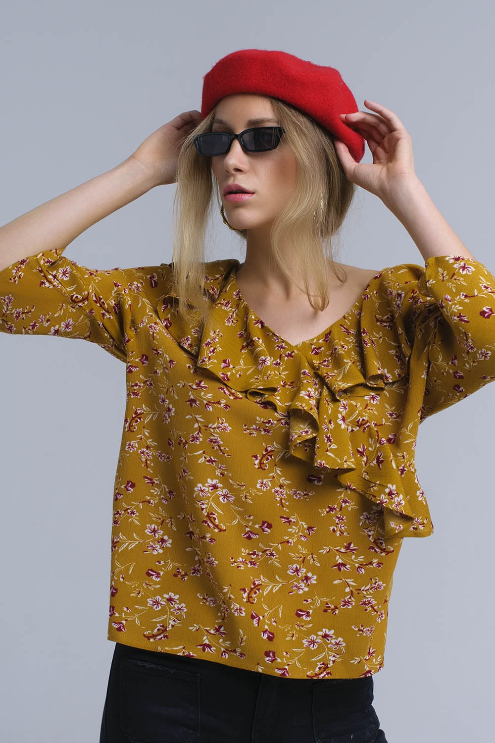 Chemise à volants croisés à la moutarde