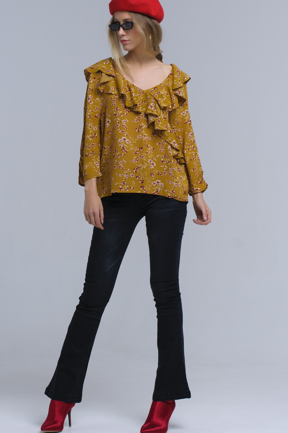 Chemise à volants croisés à la moutarde