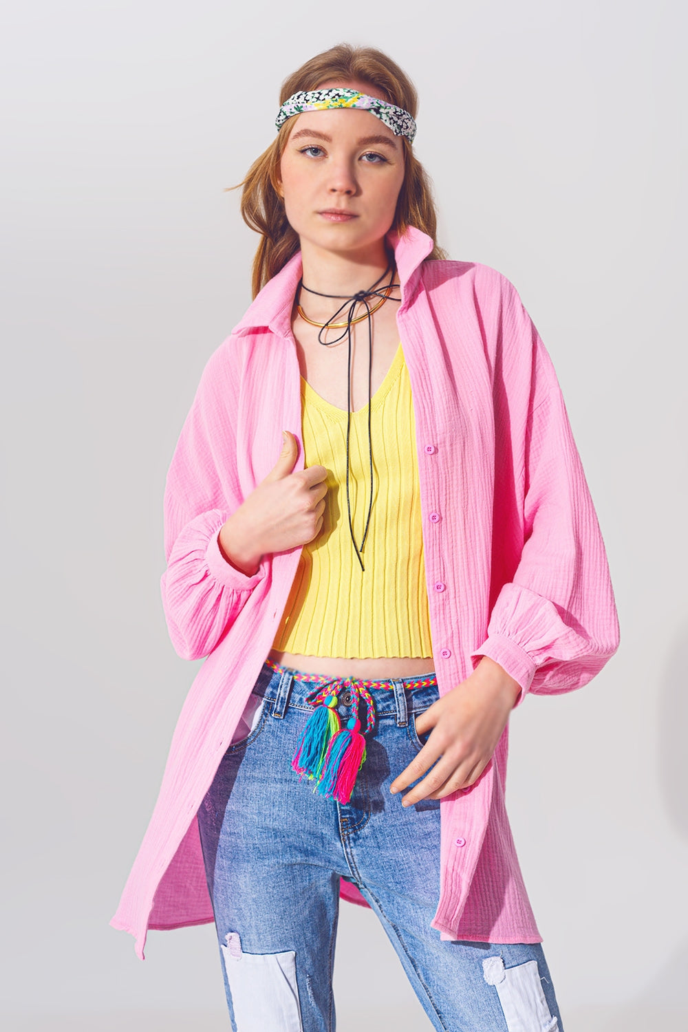 Chemise ample texturée rose