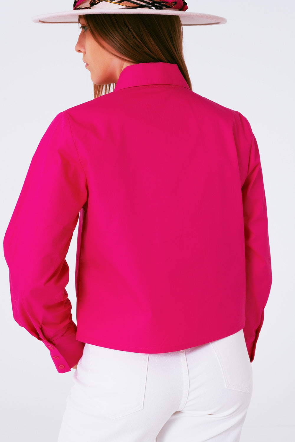 Chemise avec col à franges et strass en fuxia