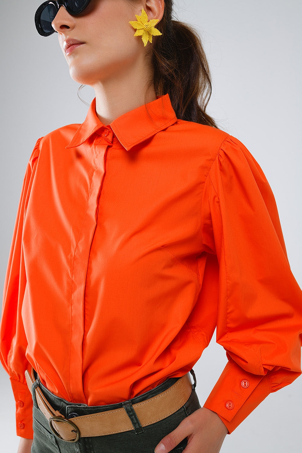 Chemise basique en popeline orange à manches longues ballon