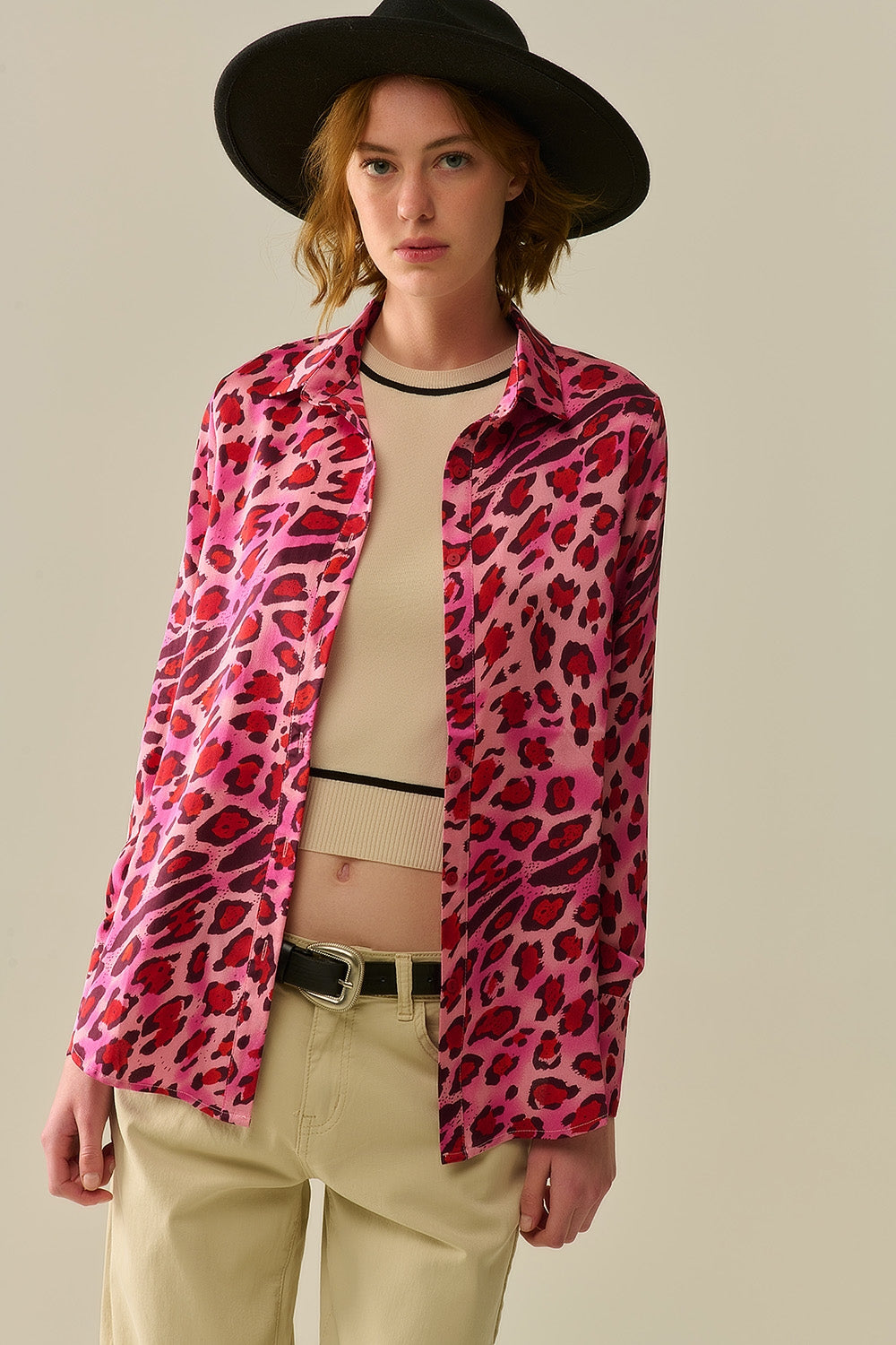 Chemise Boutonnée Imprimé Léopard Fuchsia