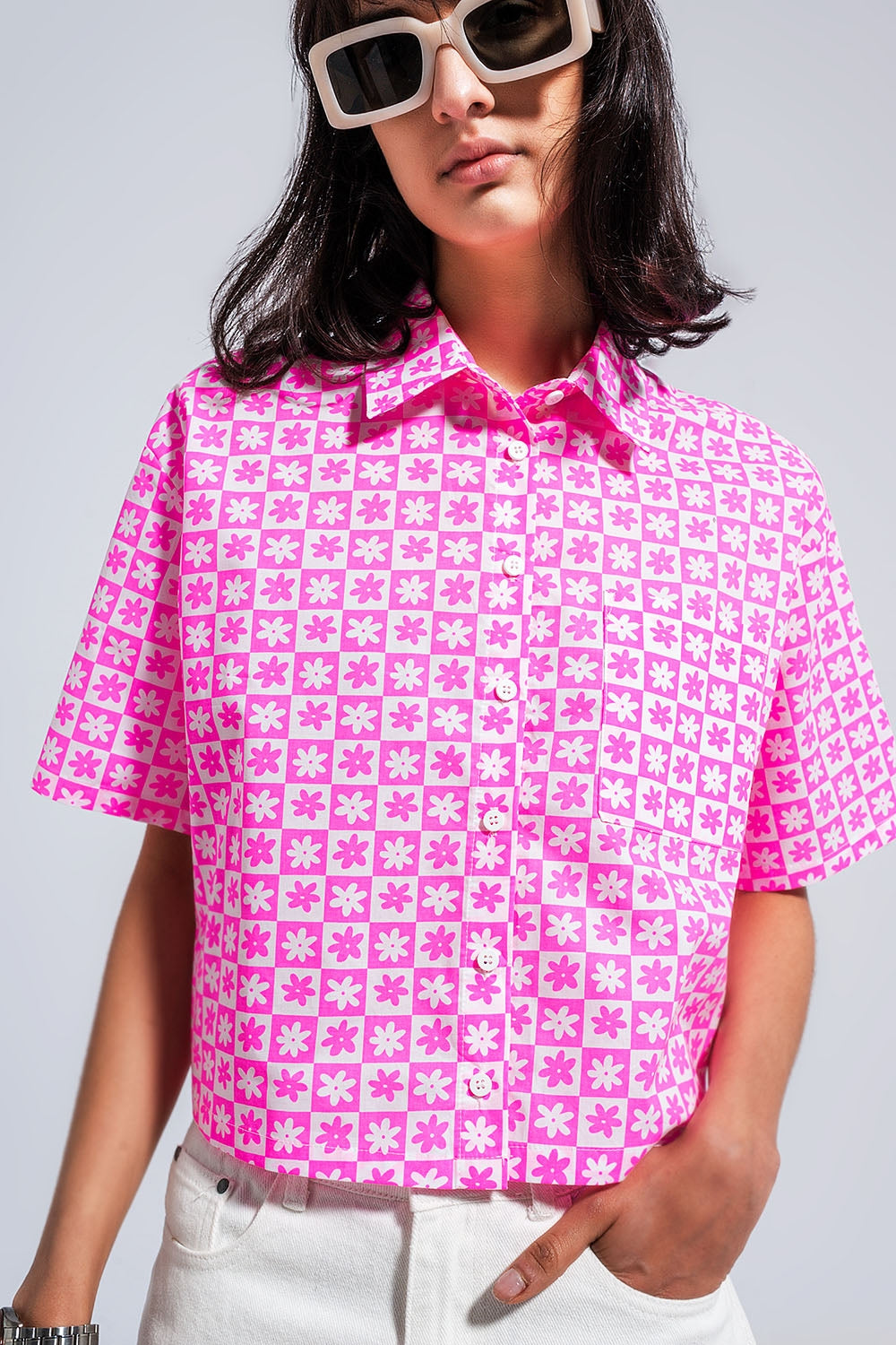 Chemise courte rose boutonnée style années 90
