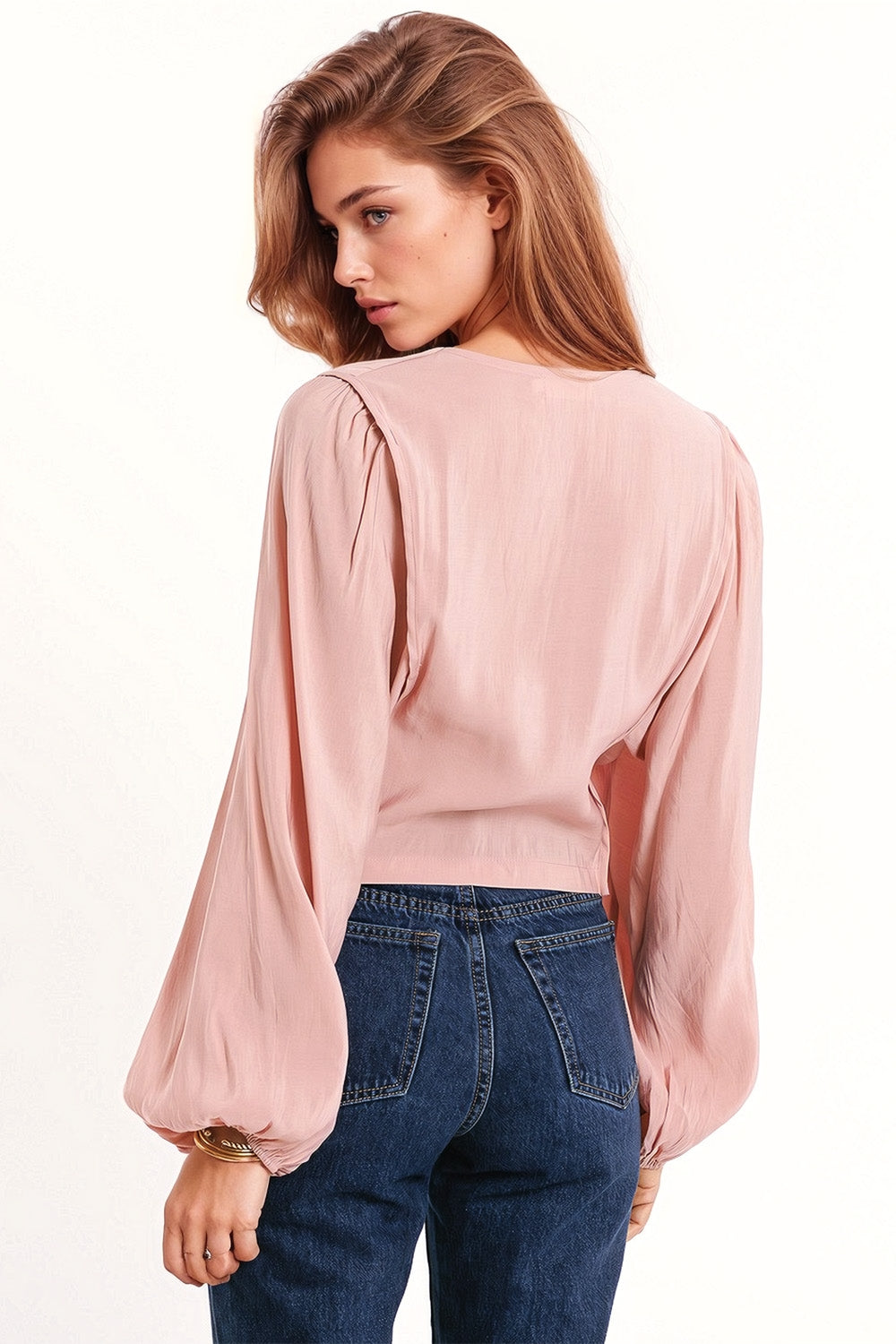 Chemise croisée à col en V et manches super volumineuses en rose
