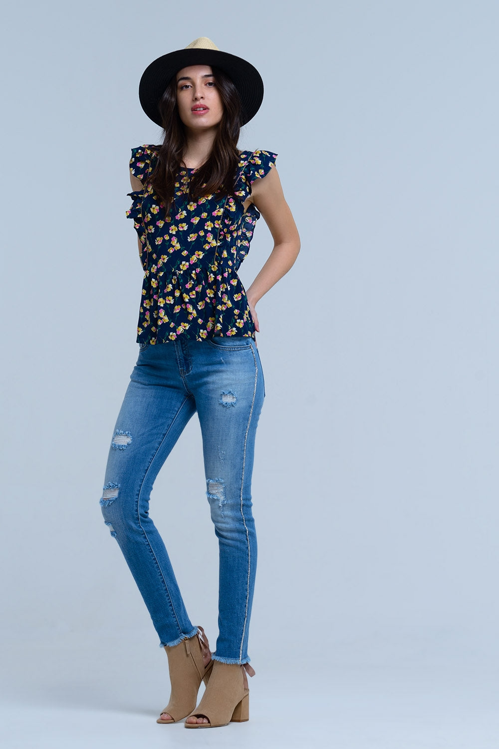 Chemise croisée bleu marine à volants