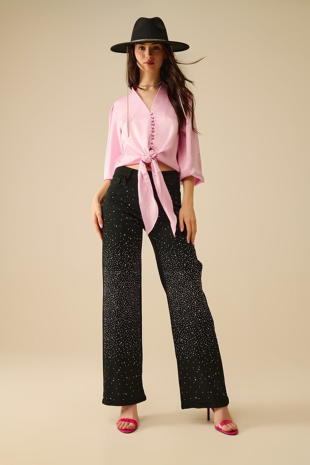 Chemise croisée rose avec nœud