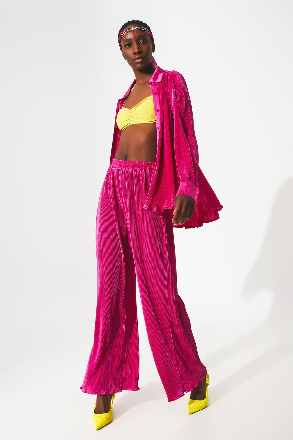 Chemise décontractée en satin plissé en fuchsia