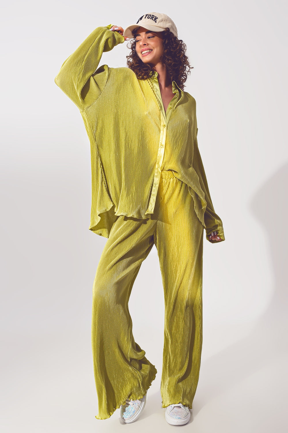 Chemise décontractée en satin plissé en vert