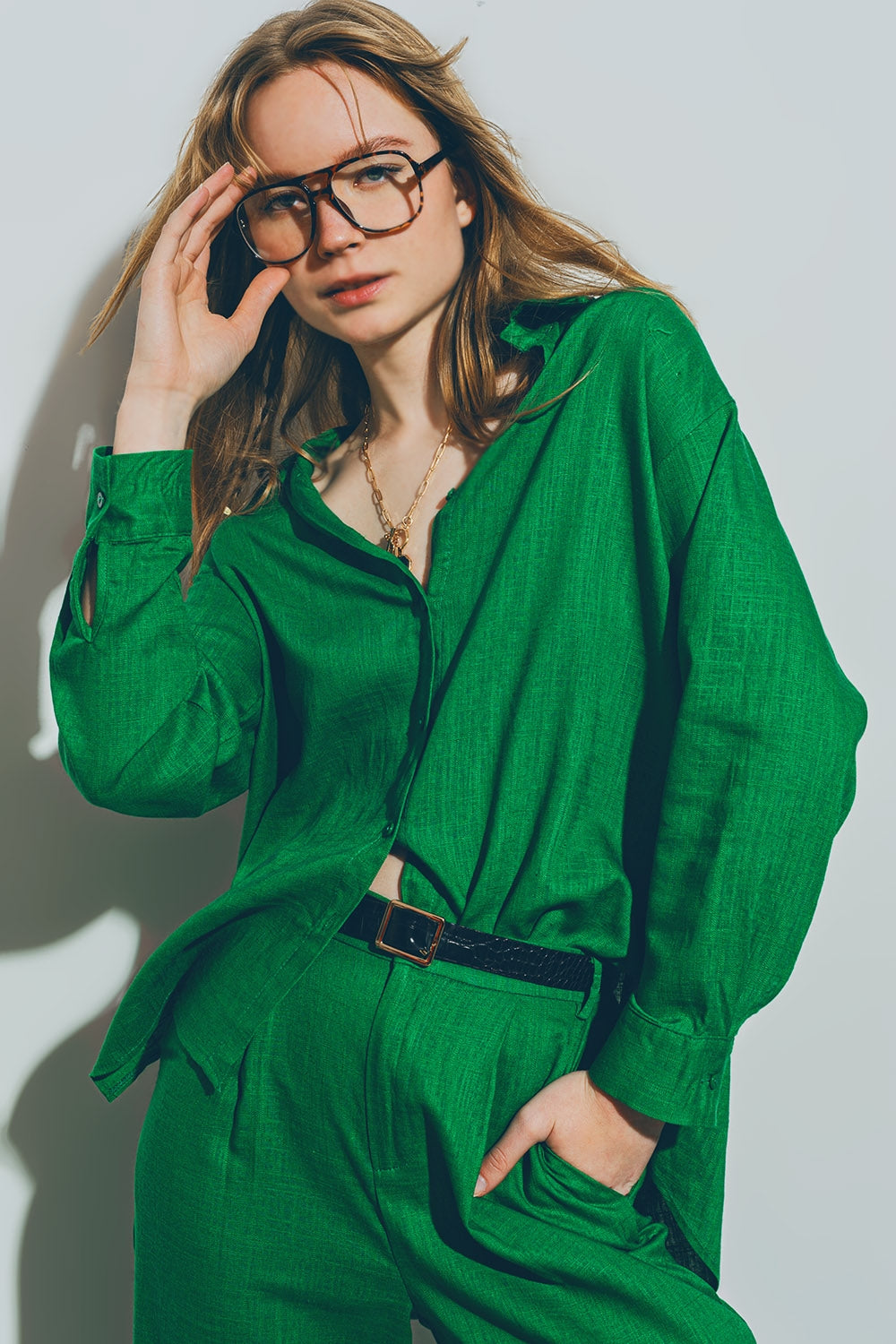 Q2 Chemise en Coton à Coupe Ample vert
