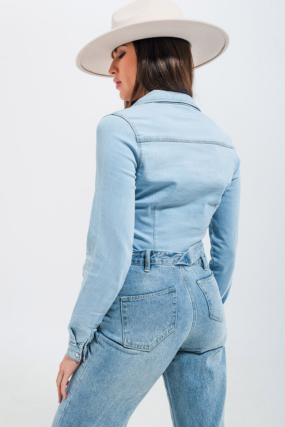 Chemise en jean skinny style western Bleu clair délavé