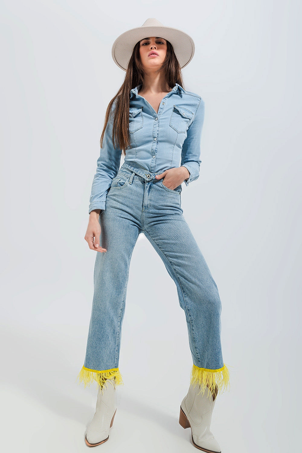 Chemise en jean skinny style western Bleu clair délavé