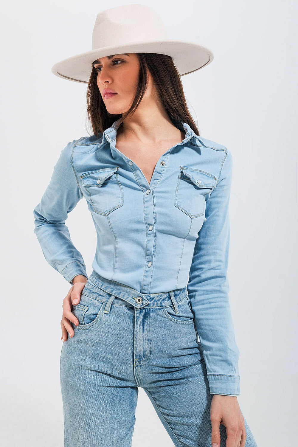 Chemise en jean skinny style western Bleu clair délavé