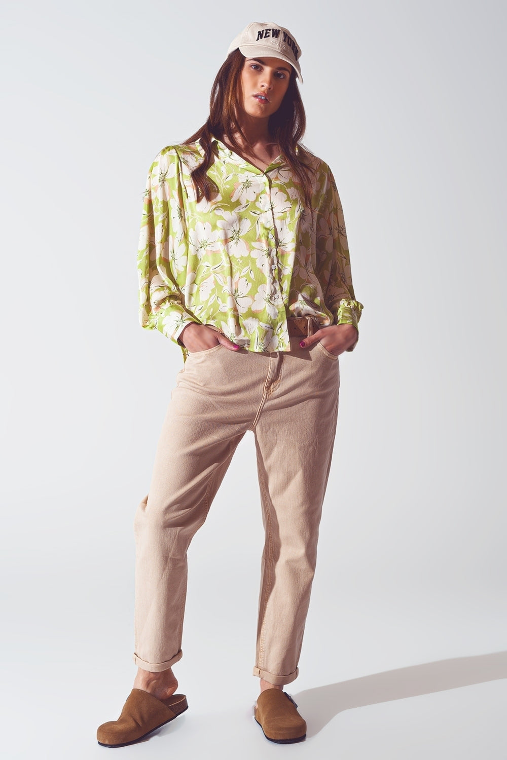 Chemise en mousseline de soie à imprimé floral verte
