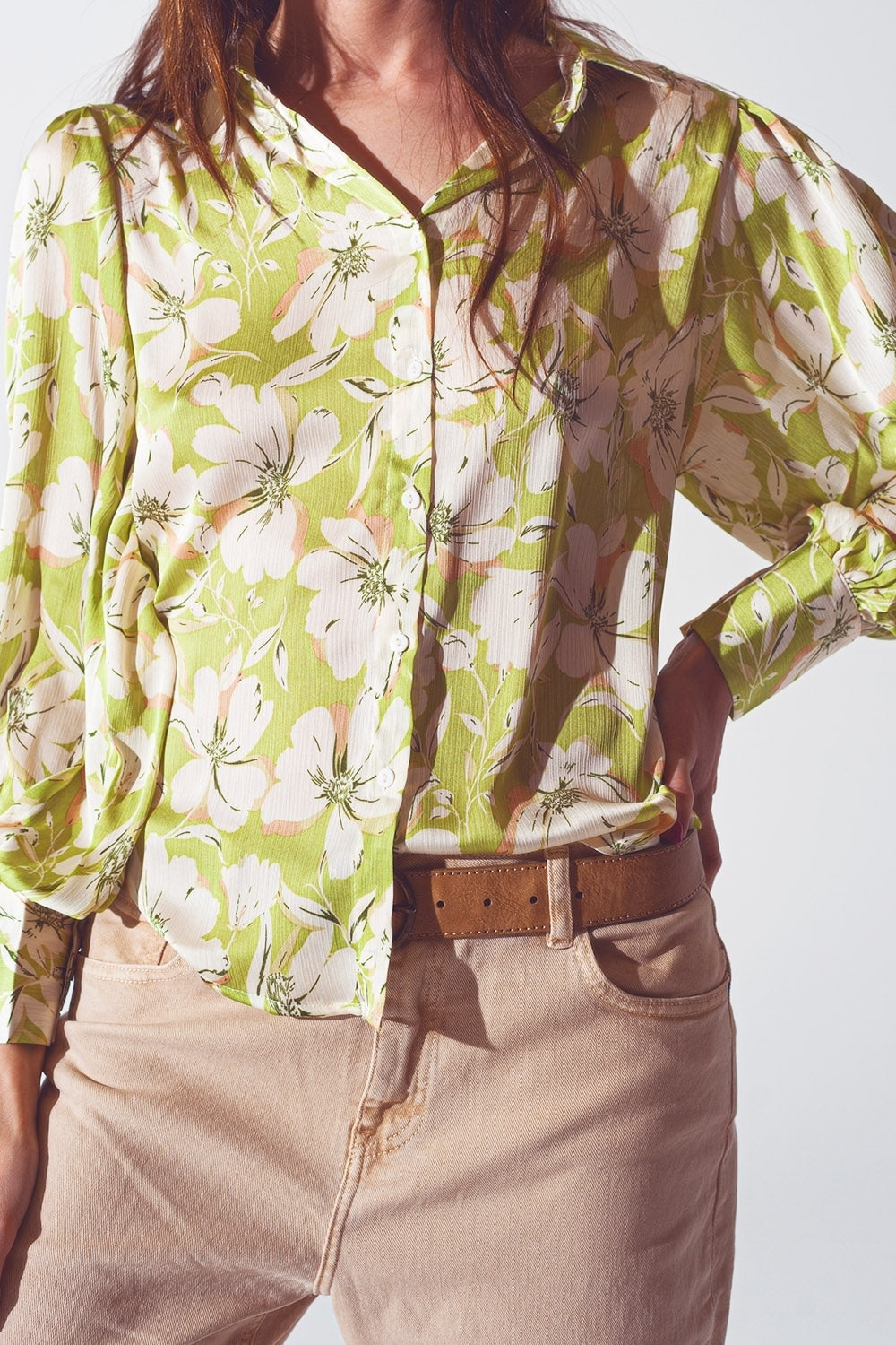 Chemise en mousseline de soie à imprimé floral verte