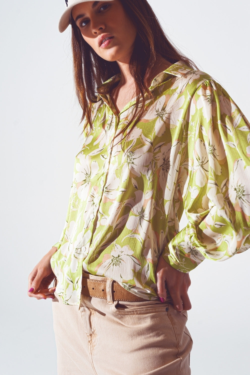 Chemise en mousseline de soie à imprimé floral verte
