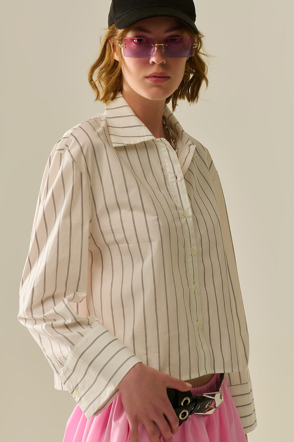 chemise en popeline blanche à rayures raccourcie