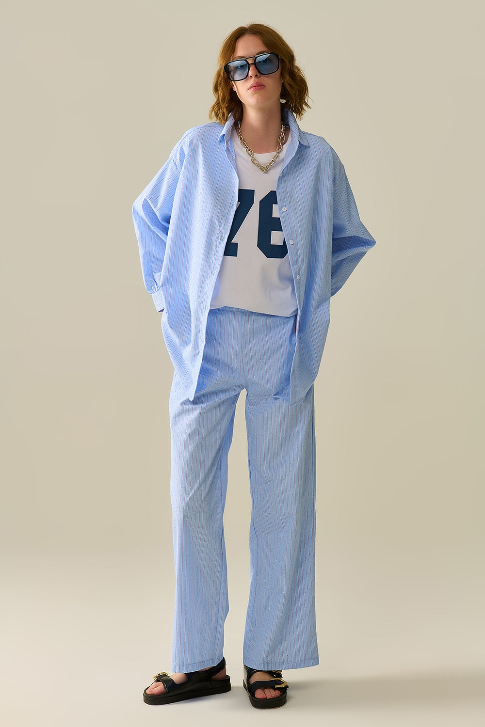 chemise en popeline bleue rayée ornée de strass