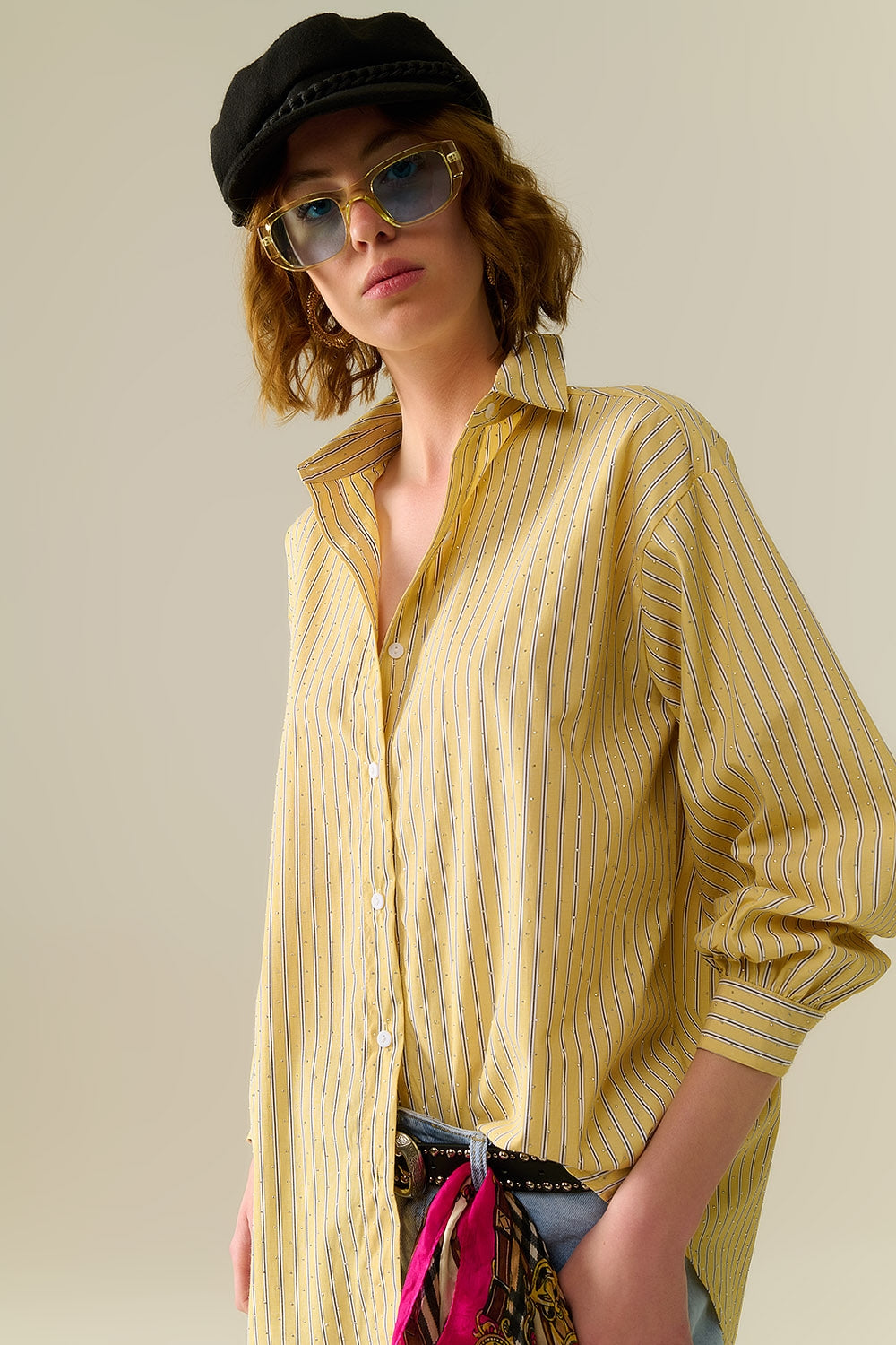 chemise en popeline rayée jaune ornée de strass