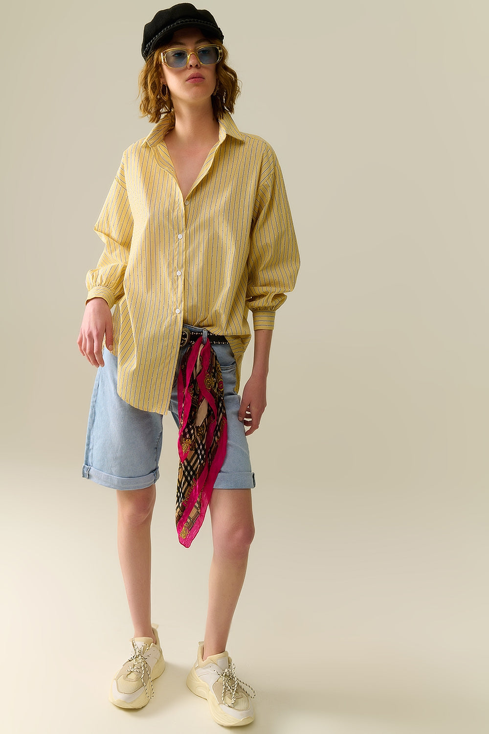 chemise en popeline rayée jaune ornée de strass