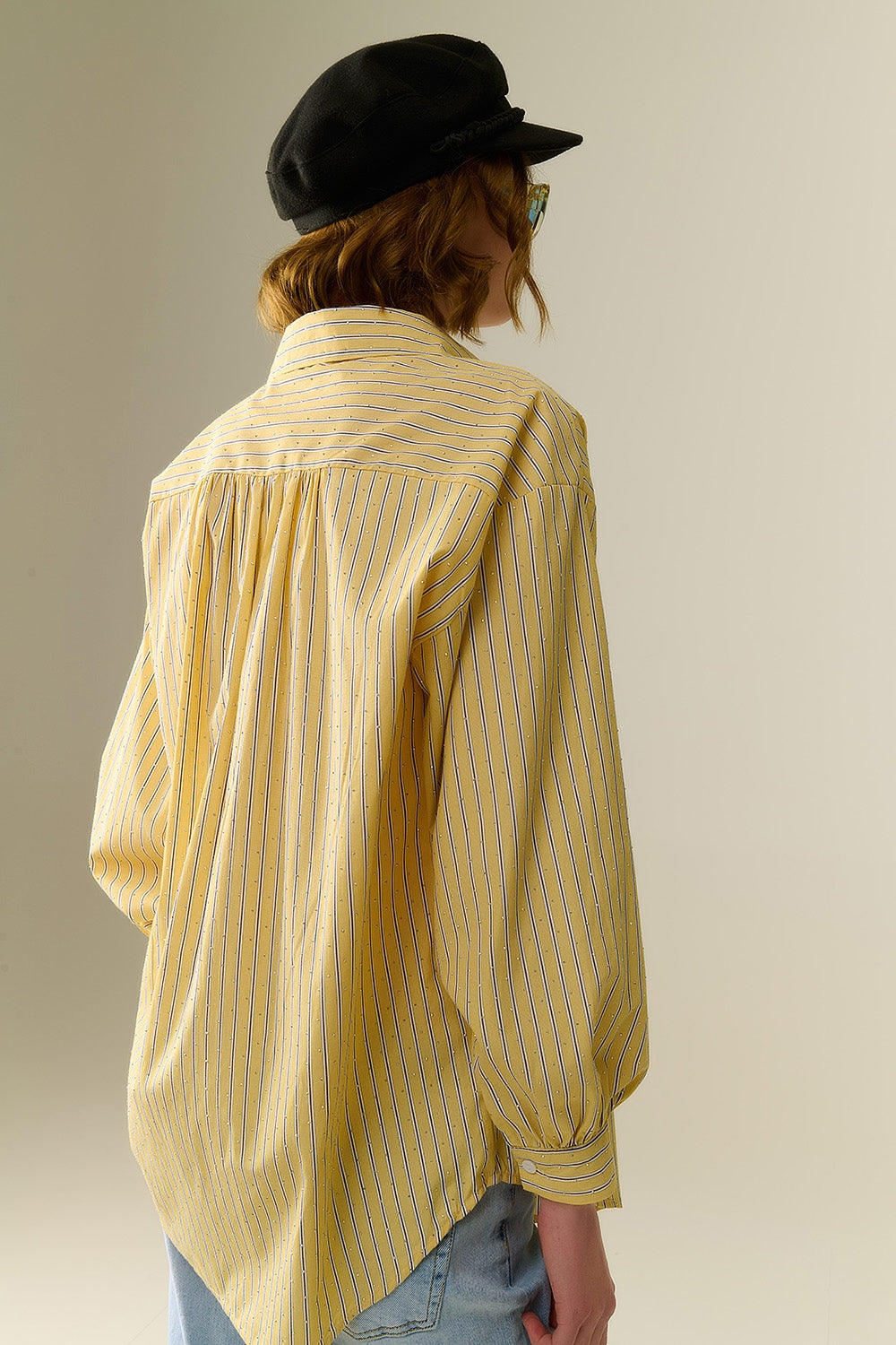 chemise en popeline rayée jaune ornée de strass