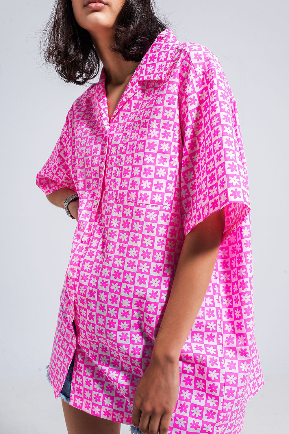Chemise oversize à manches courtes Rose éclatant