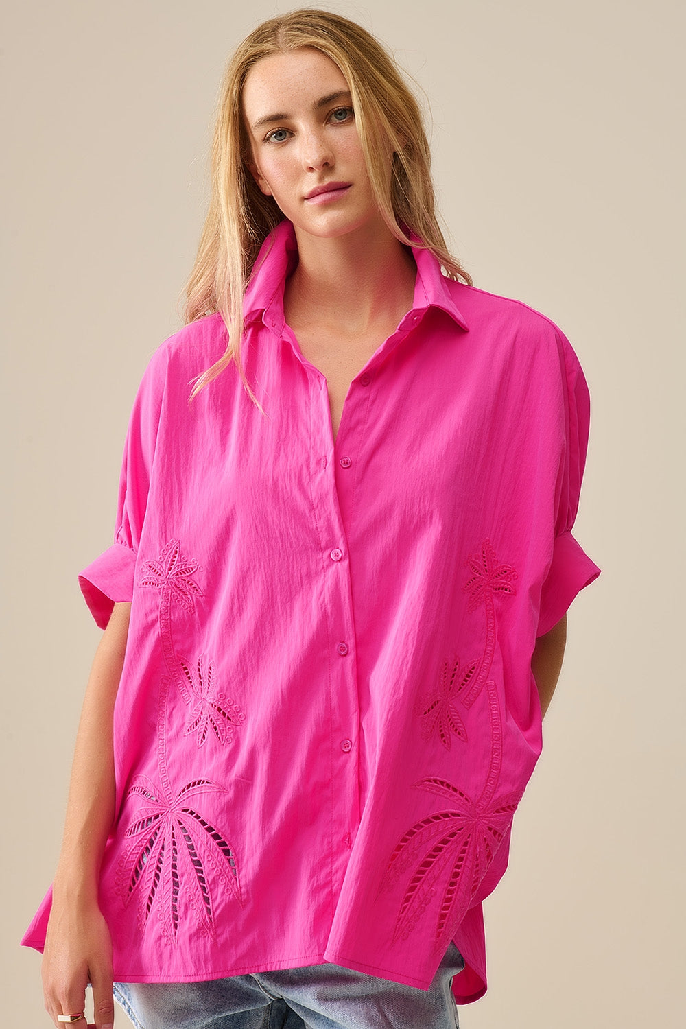 Chemise oversize Fuchsia à palmiers brodés