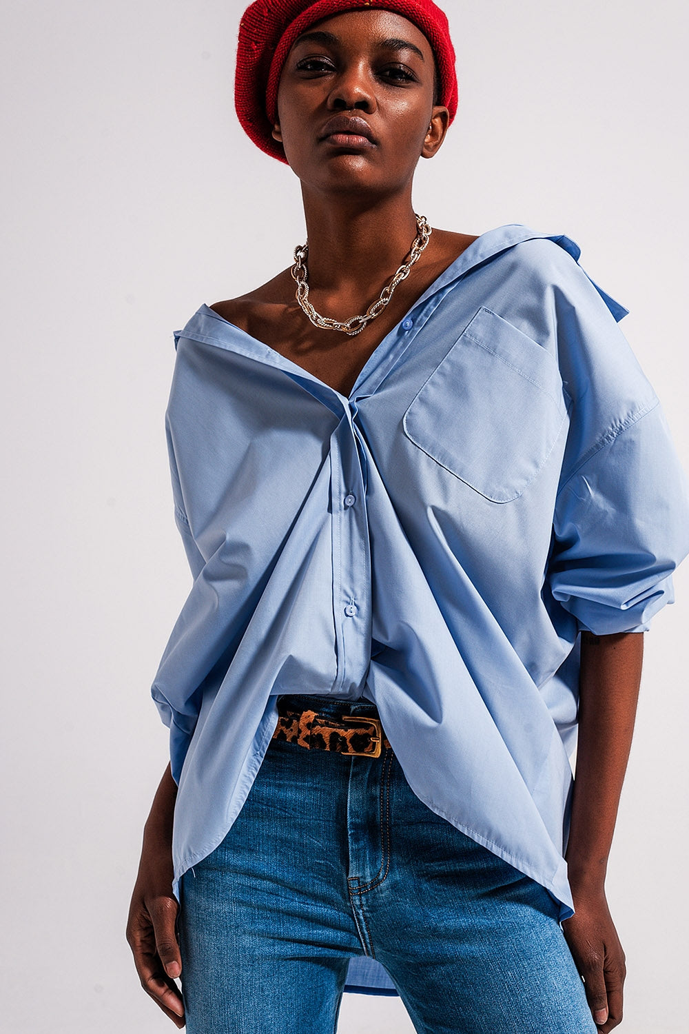 Chemise poplin oversize décontractée bleu