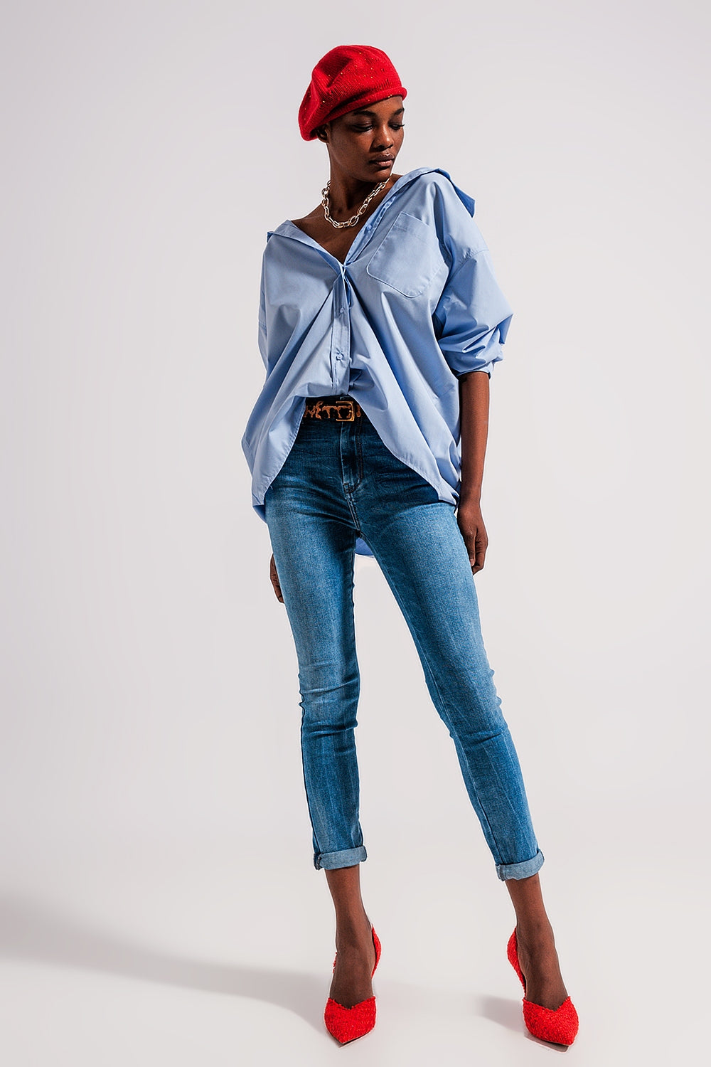 Chemise poplin oversize décontractée bleu