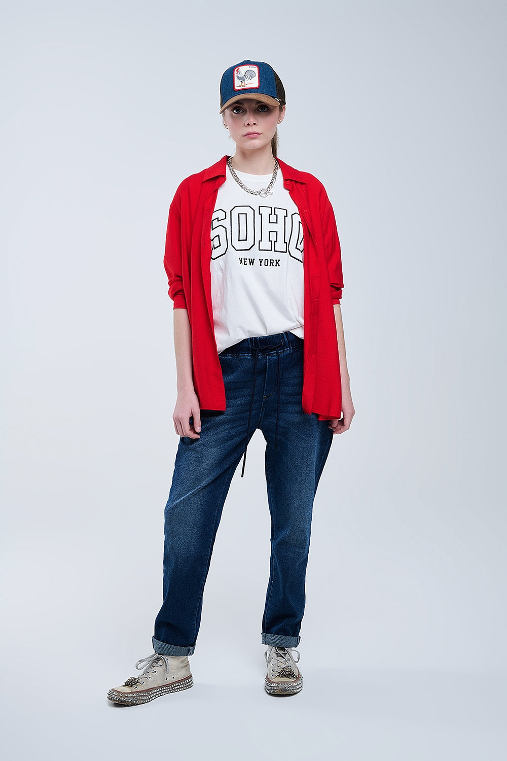 Chemise rouge à coupe décontractée Manches 3/4 et ourlet plongeant