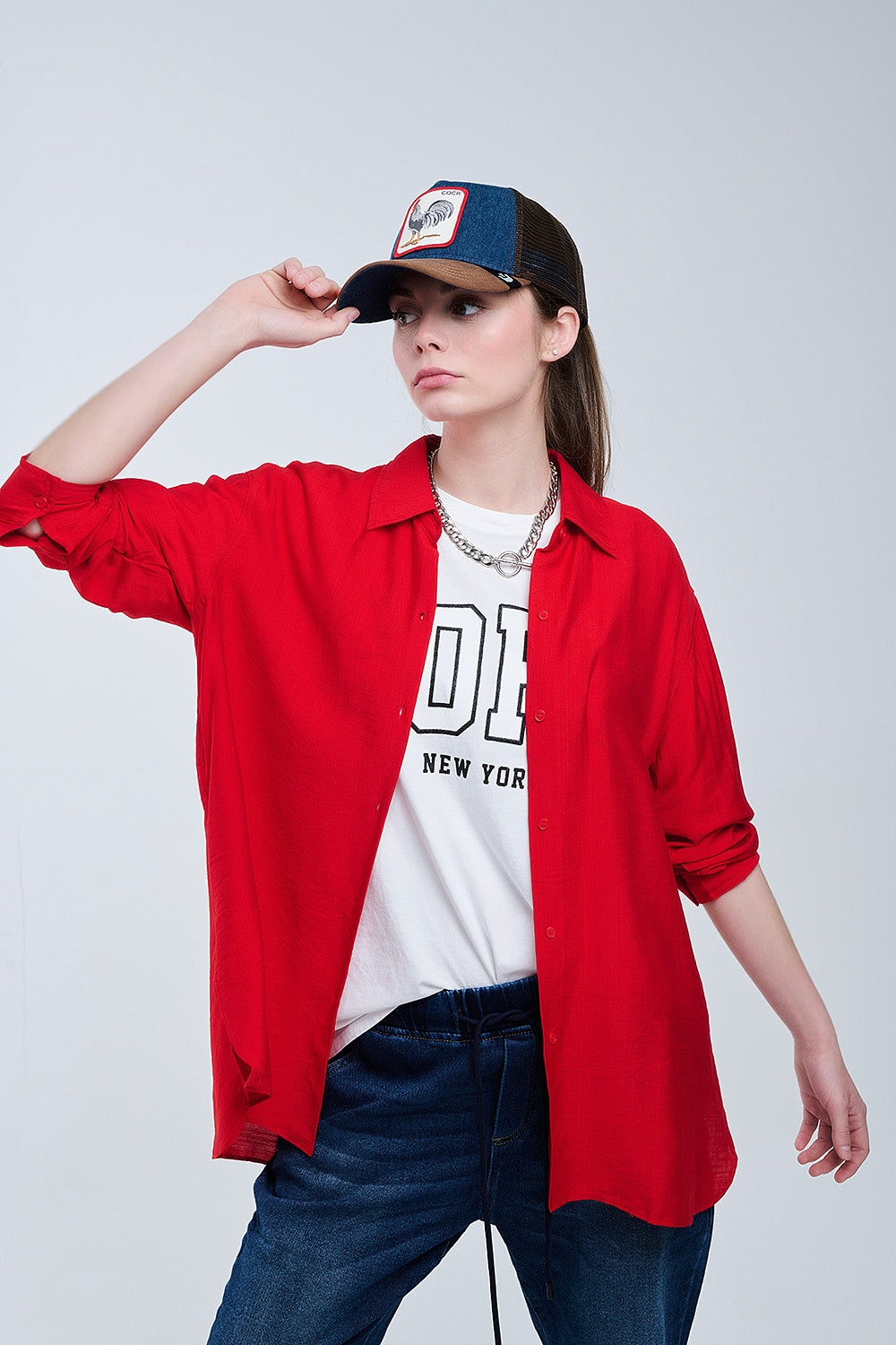 Chemise rouge à coupe décontractée Manches 3/4 et ourlet plongeant