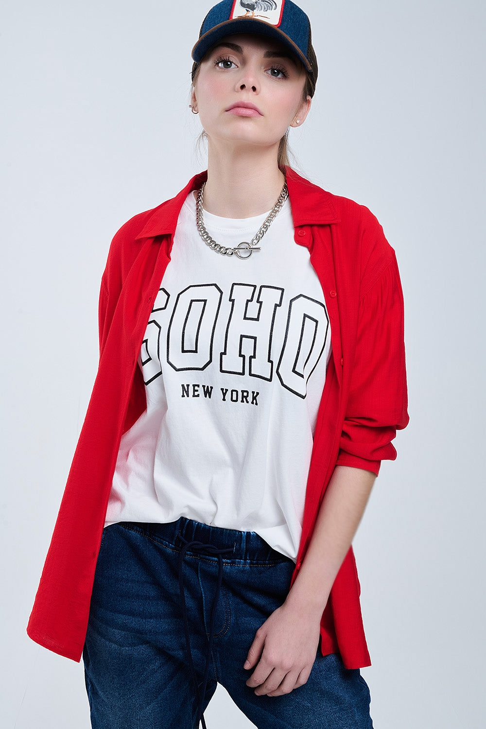 Chemise rouge à coupe décontractée Manches 3/4 et ourlet plongeant