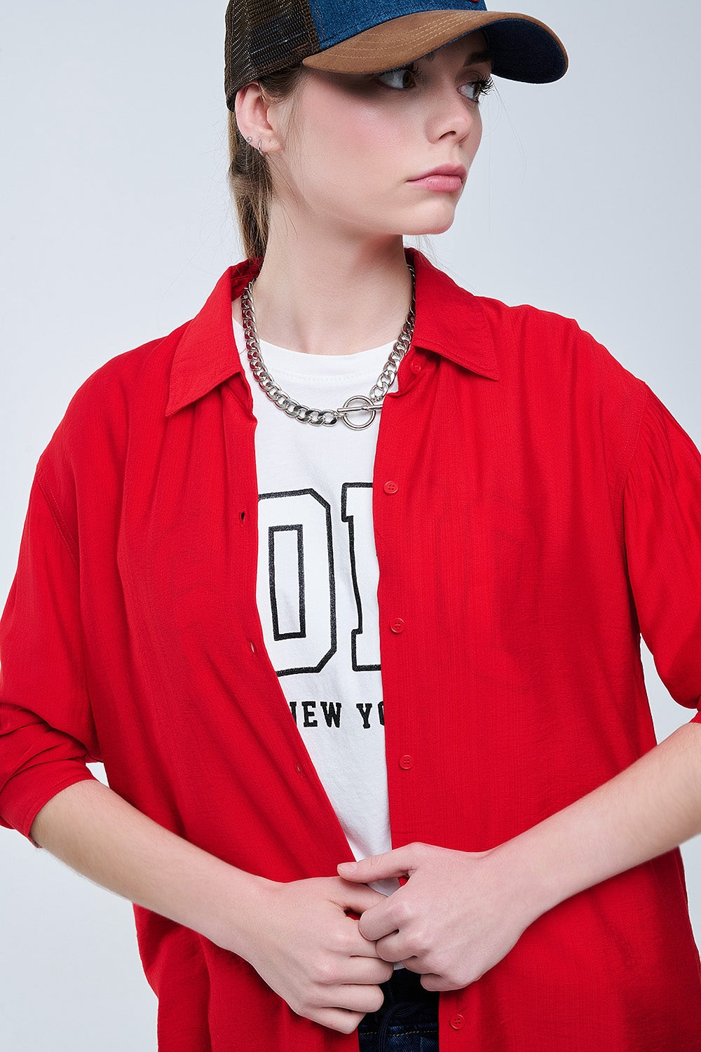 Chemise rouge à coupe décontractée Manches 3/4 et ourlet plongeant