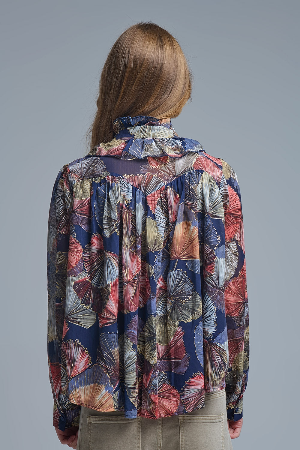 Chemisier à volants imprimé boho-chic imprimé palmiers métalliques