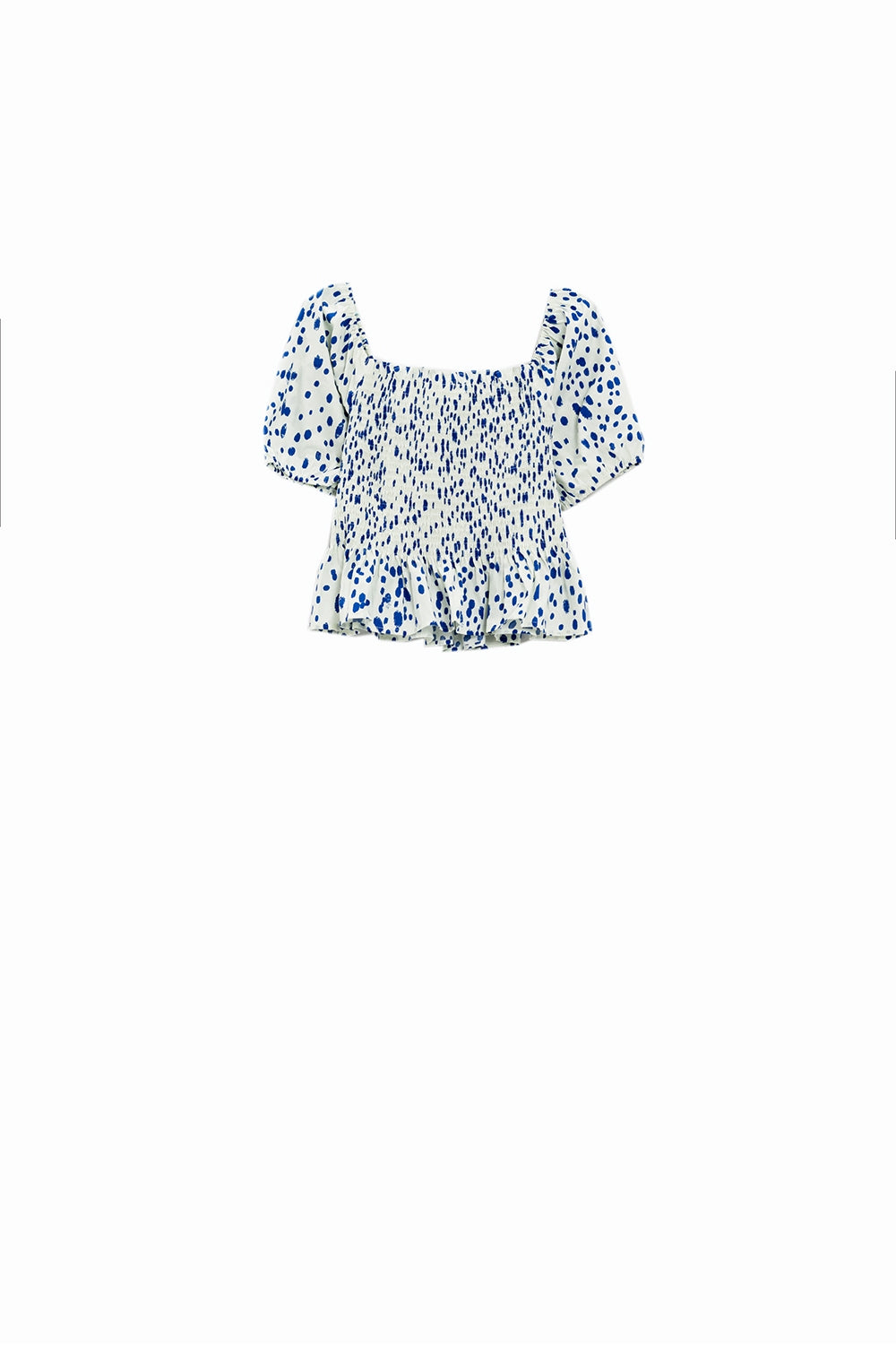 Chemisier blanc froncé à péplum et à pois bleus