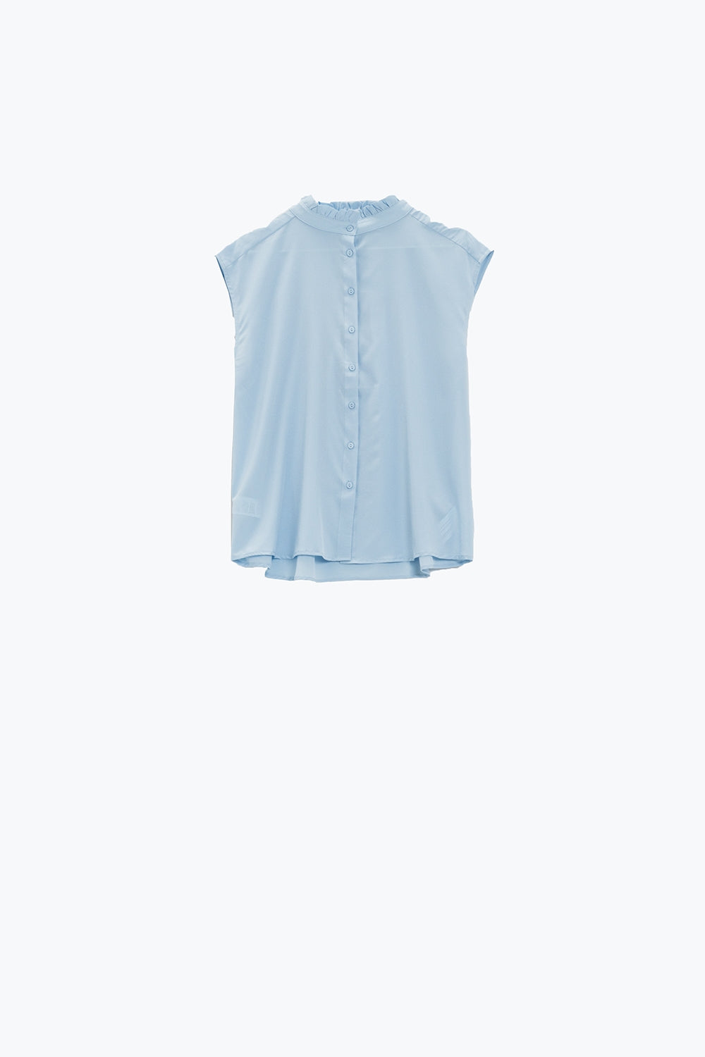 Chemisier boutonné bleu sans manches à col Mao