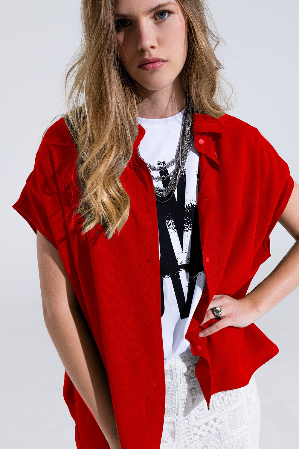 Q2 Chemisier boutonné rouge à col polo