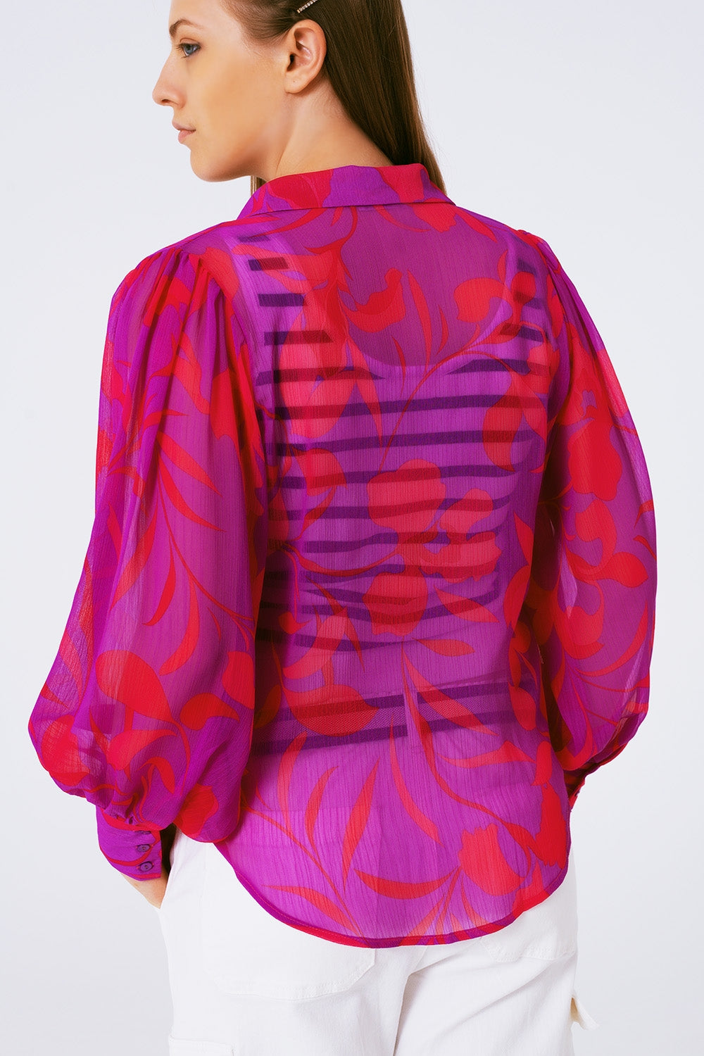 chemisier en mousseline à imprimé floral fuchsia