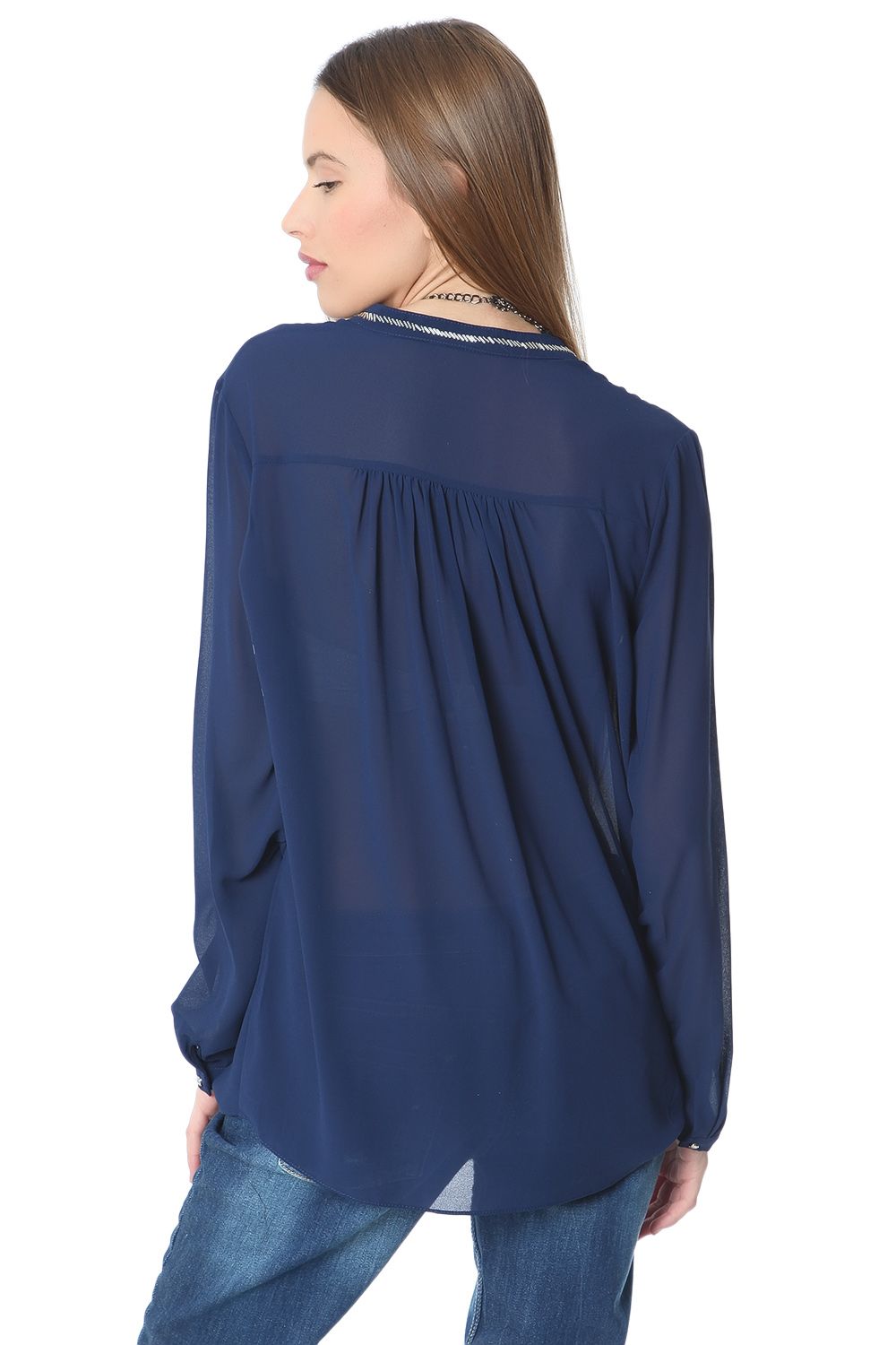 Chemisier en mousseline bleu marine avec ornements en perles argentées
