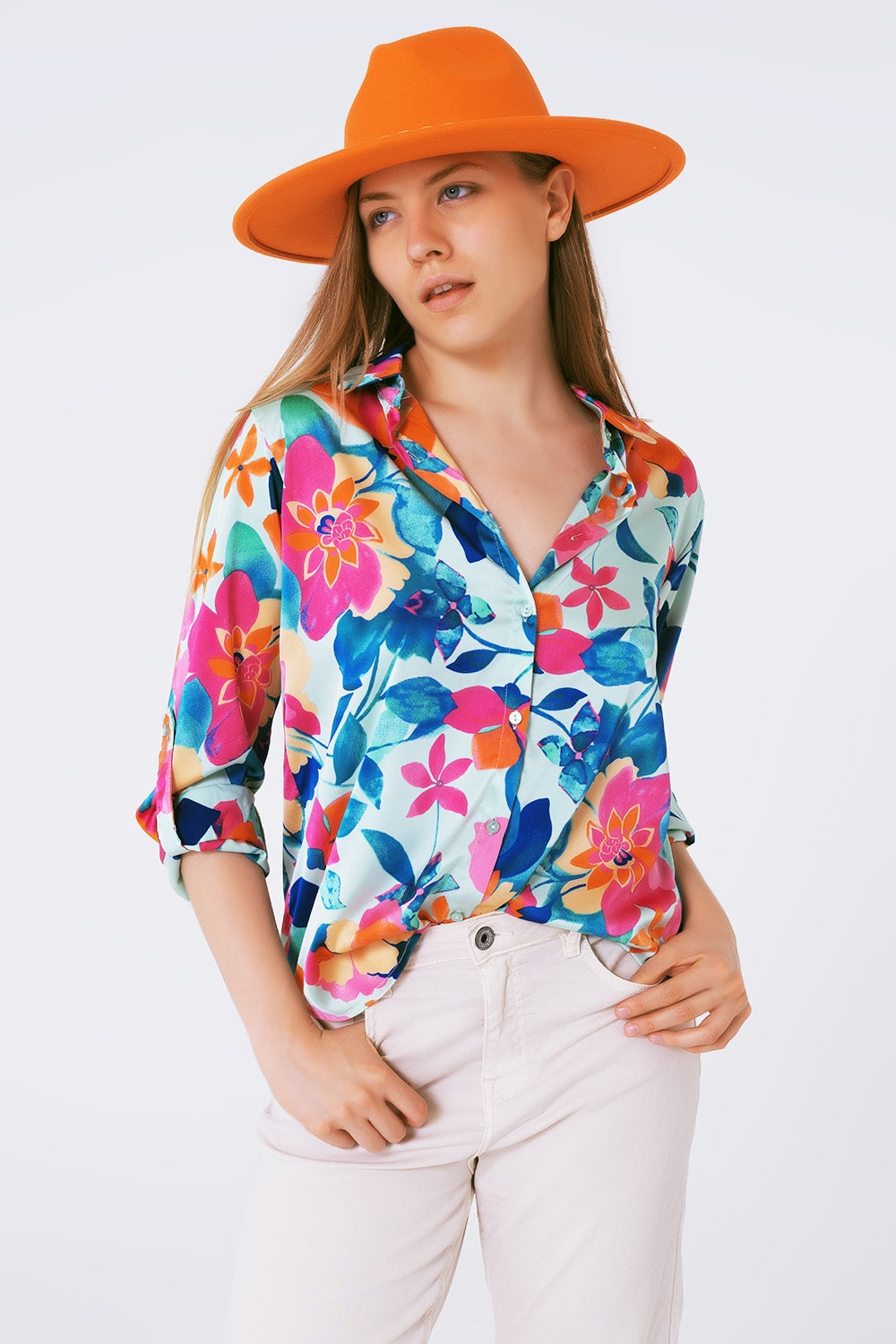Q2 chemisier en satin doux à imprimé fleuri