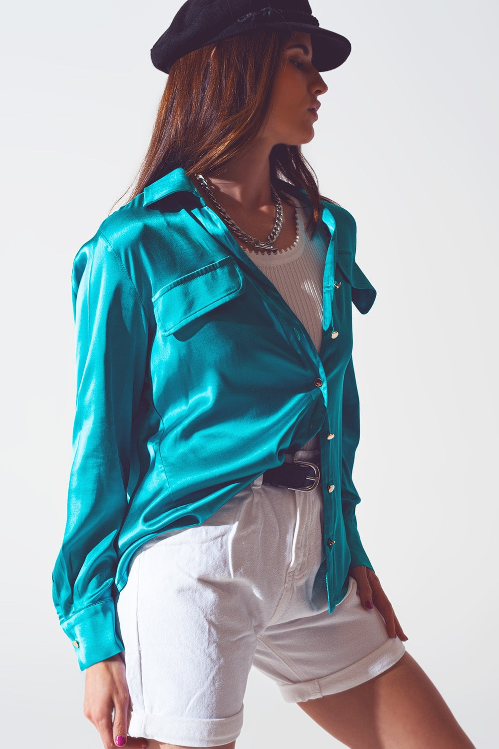chemisier en satin turquoise
