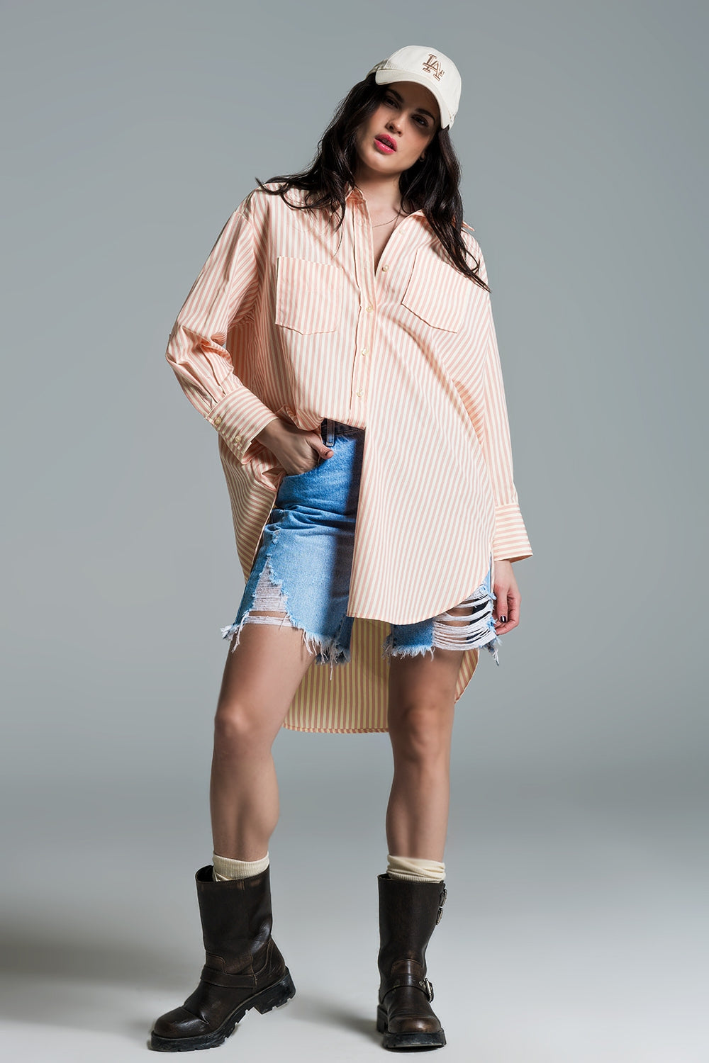 Chemisier oversize orange clair à rayures blanches