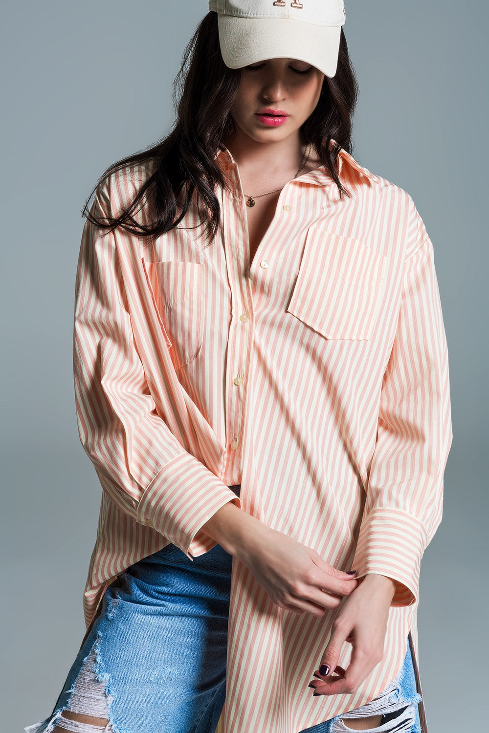 Chemisier oversize orange clair à rayures blanches