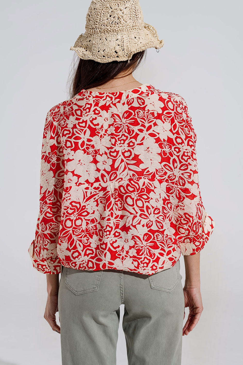 Chemisier rouge décontracté à imprimé floral et manches cloche