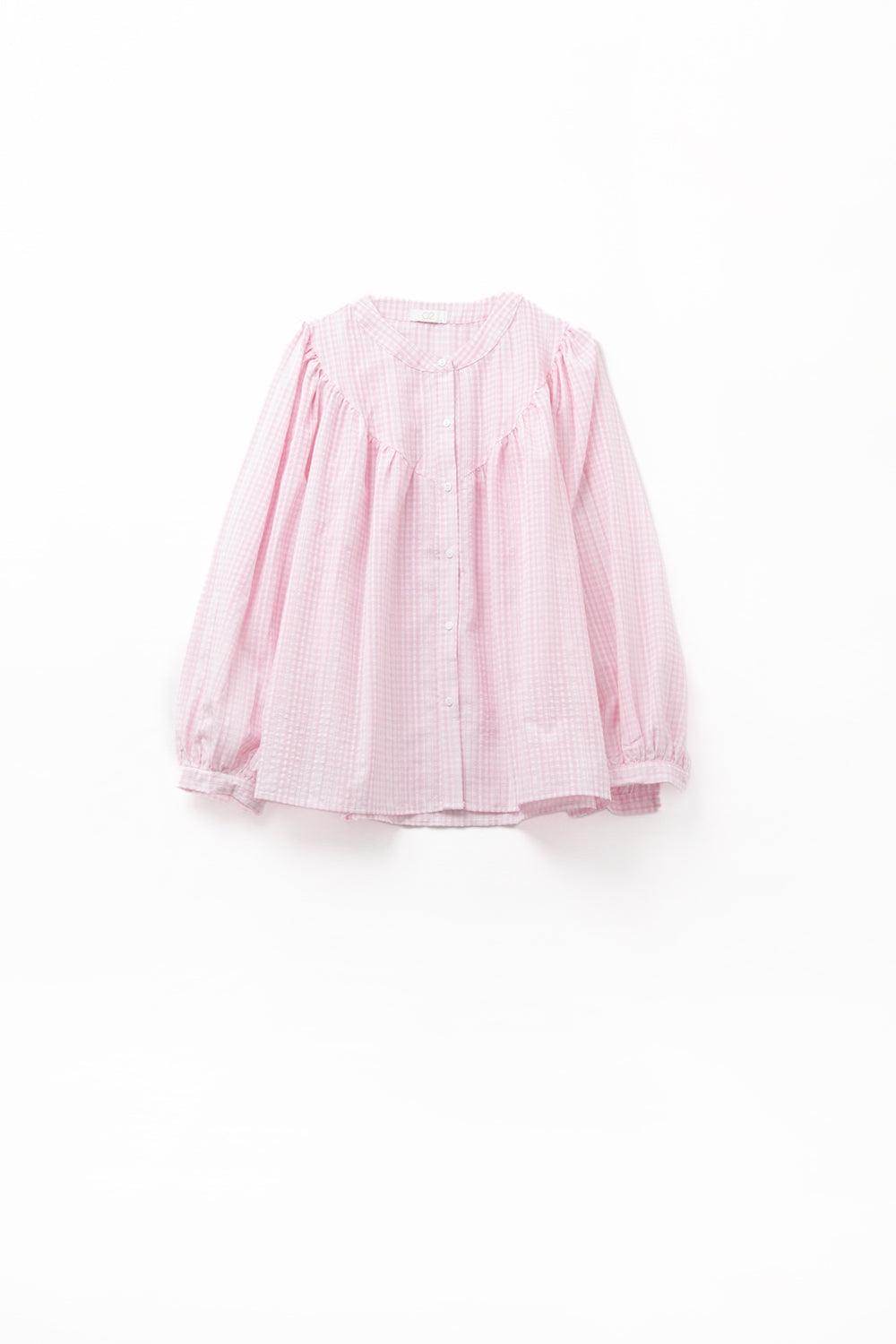 Q2 Chemisier sans col à manches larges vichy rose pâle